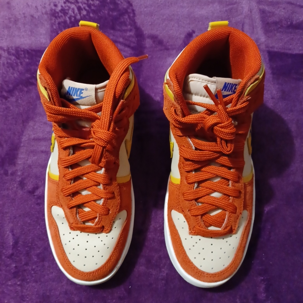 WMNS sz. 6 Nike Dunk High Tops Cinnabar/Yellow Gently Worn-refurbished